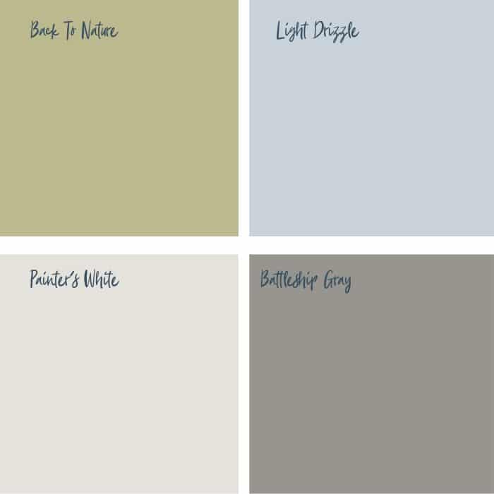 Farmhouse Paint Colors by Behr with Back To Nature, Light Drizzle, Painter's White and Battleship Gray