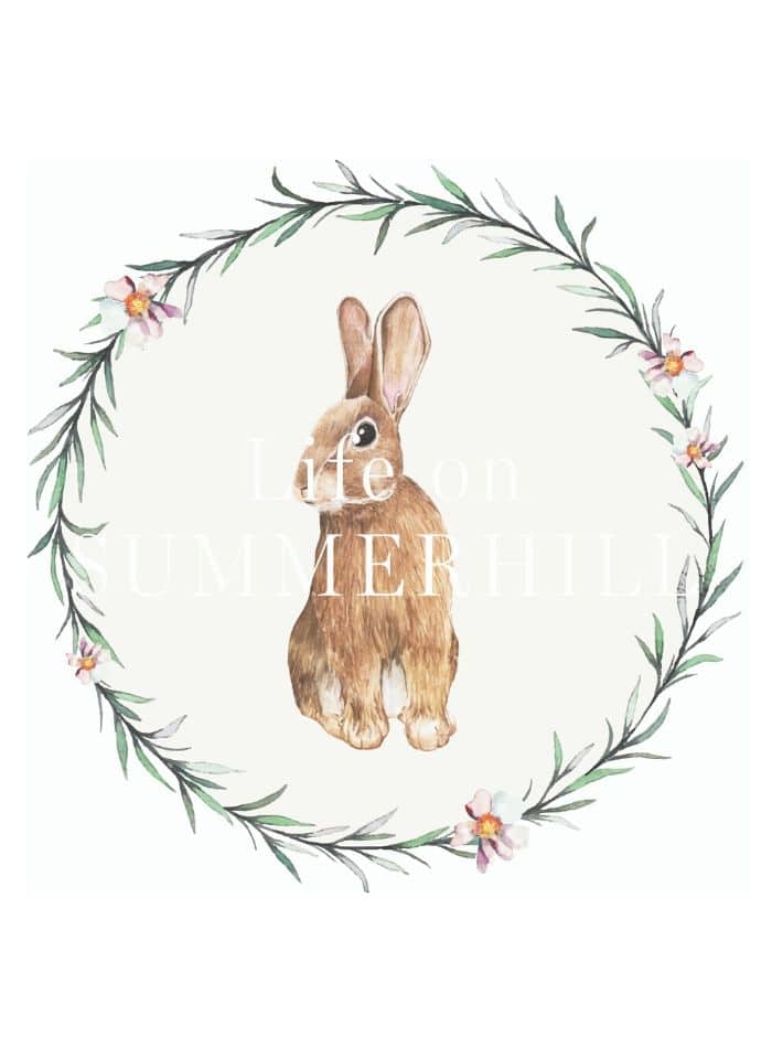 Brown bunny sitting inside a garland of leaves and pastel flowers.  A free printable for art, cards, decoration and more. 