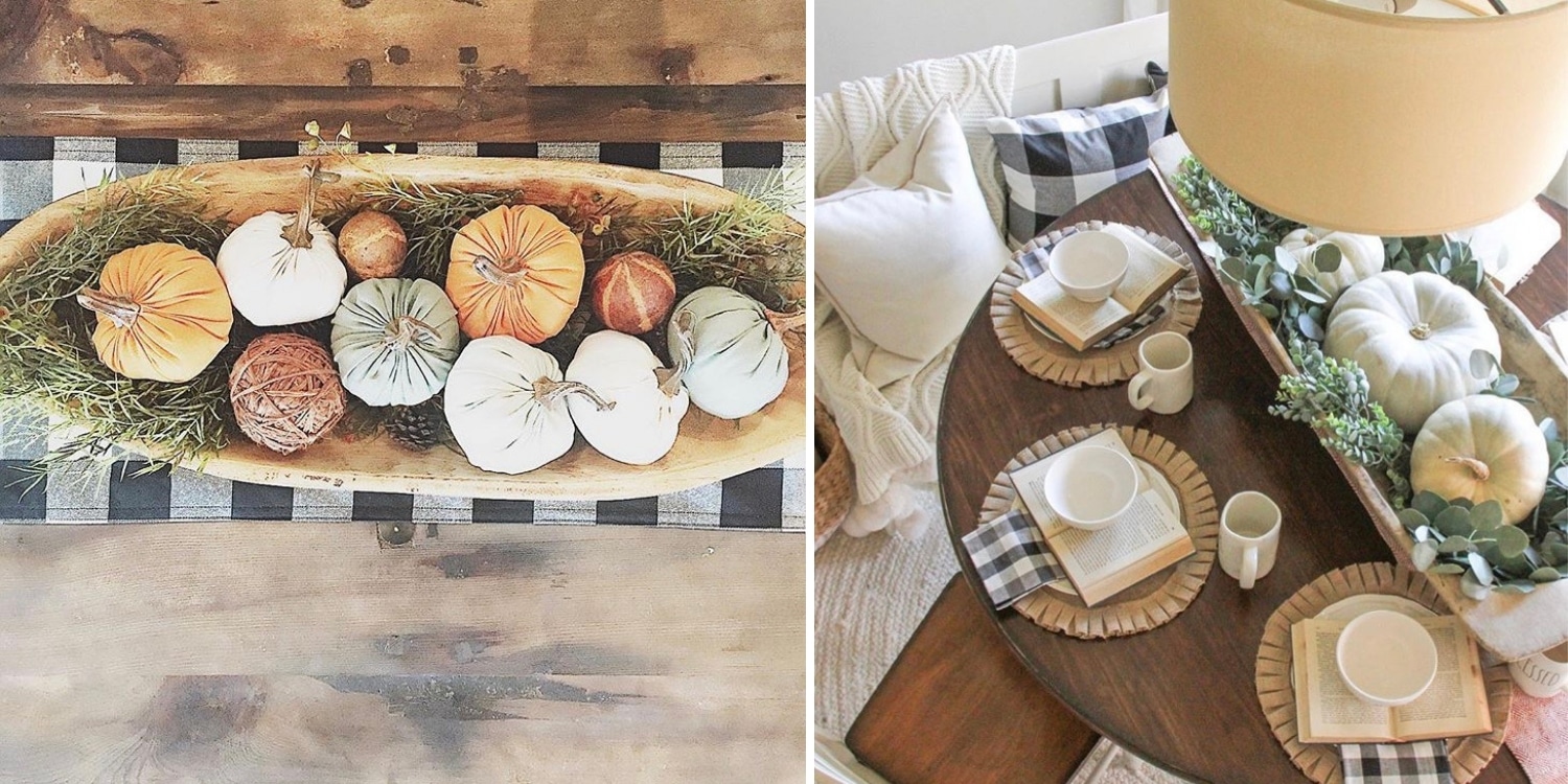 Decorating with dough bowls Filled with Pumpkins Placed on Dinning Table, Rust Bench or an Old Trunk by the Fireplace.