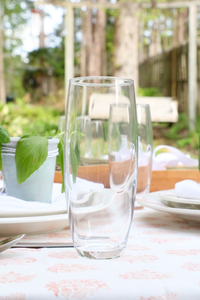 Stemless champagne glasses for a French country table setting 