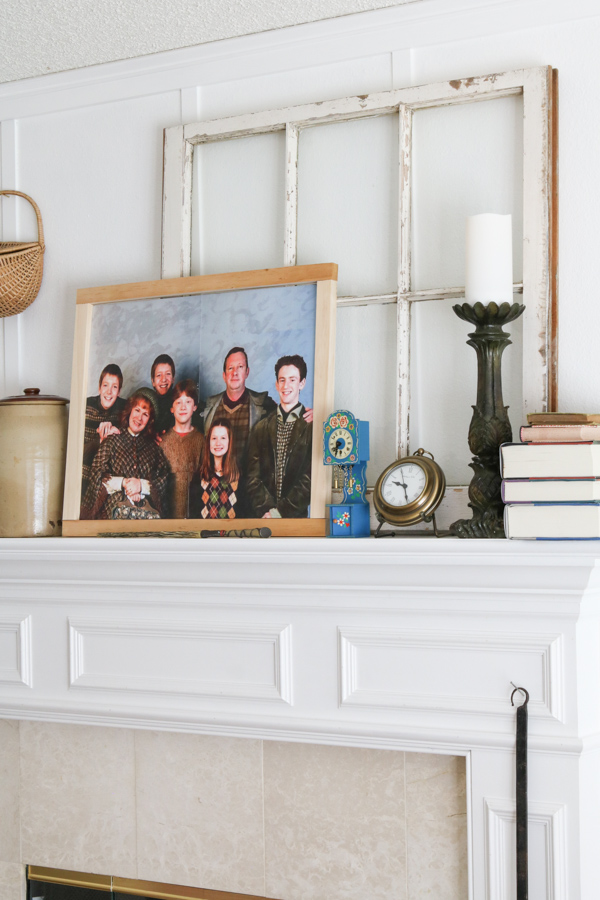 Old window on mantel as a Weasley decoration for a movie night