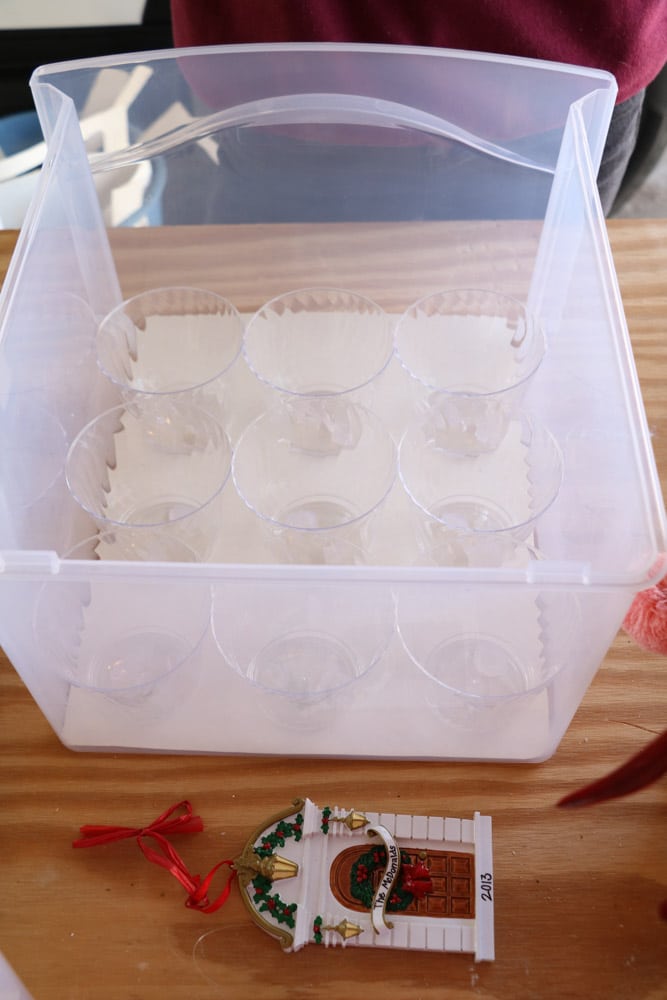 Christmas ornament storage in clear rolling drawers