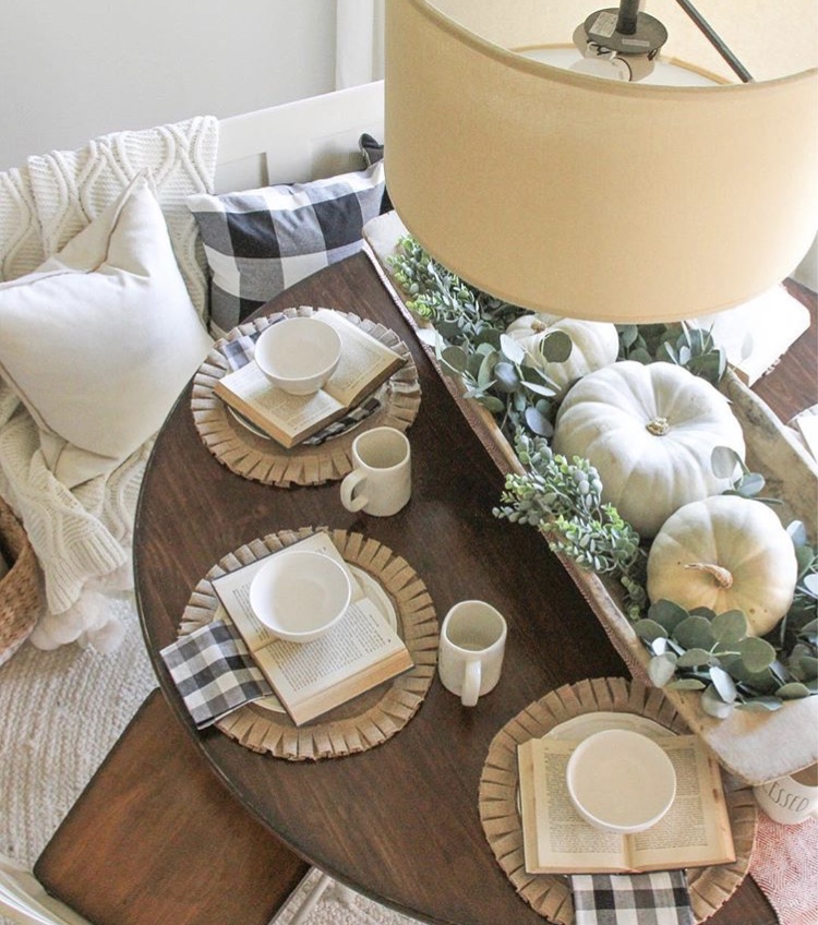 Decorating with dough bowls as a table centerpiece by Clare and Grace Designs