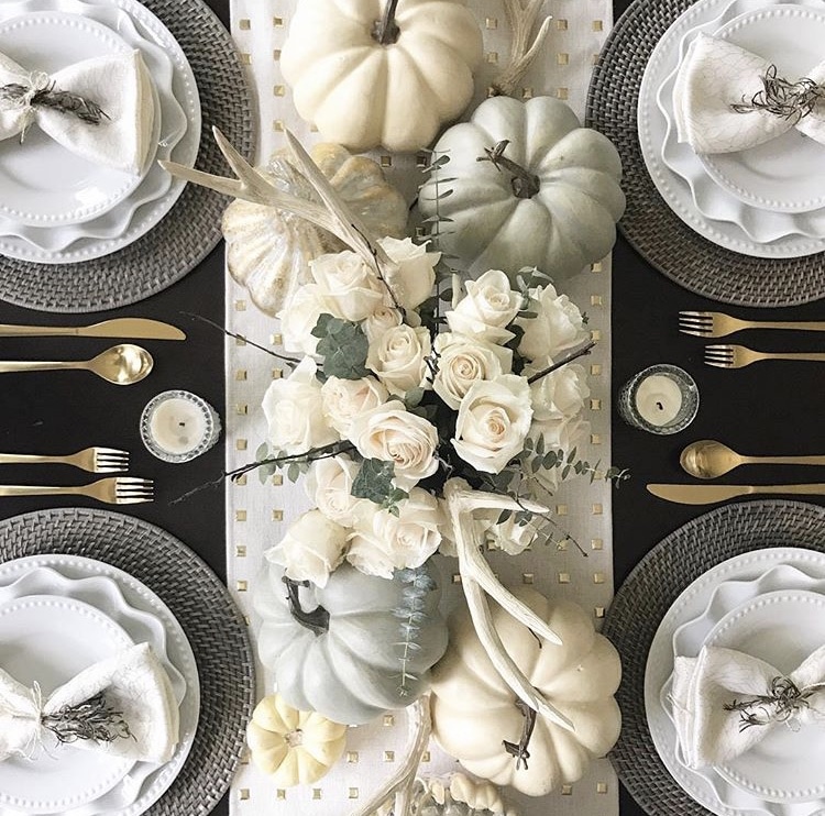 Fall Table Runner by Kristine Brick Interiors using cream with square gold embellishments