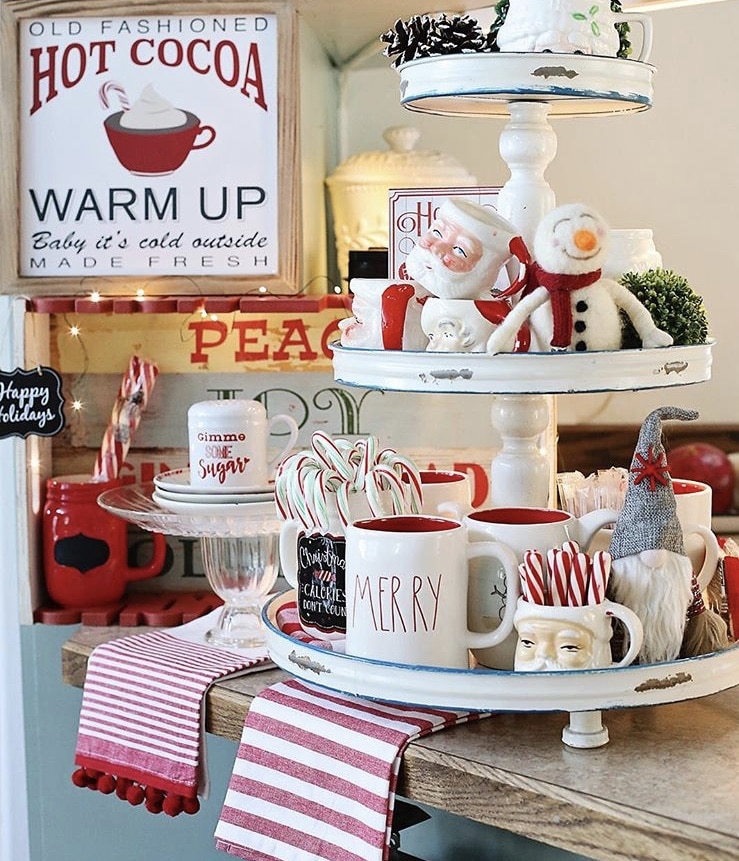 Christmas Farmhouse Tiered Trays by Sylvia Cook with Rae Dunn mugs, gnomes and santa vintage mugs