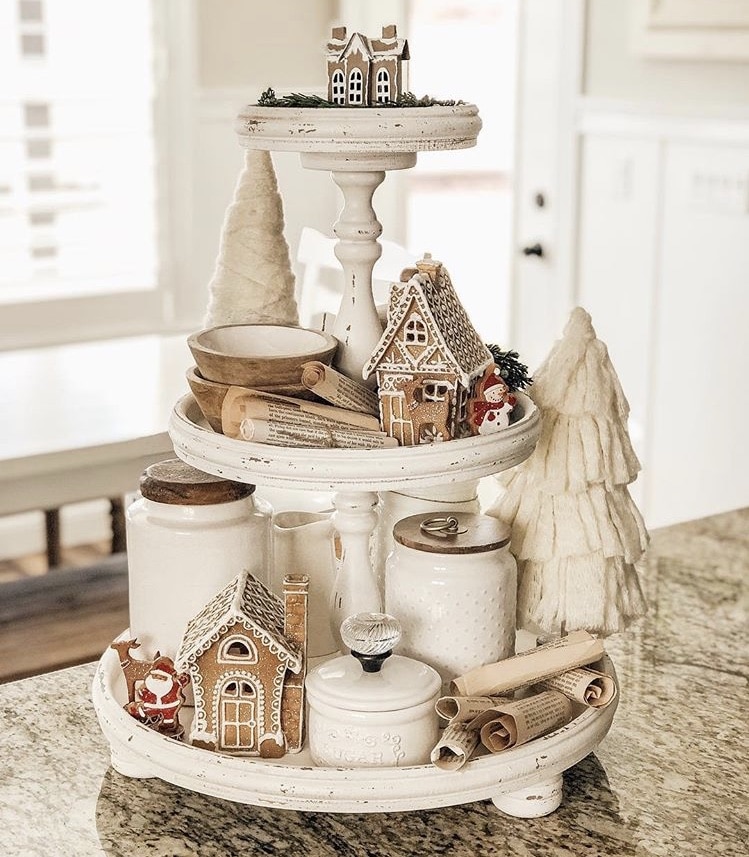 Christmas Farmhouse Tiered Tray by Sweet Rose and Wren with gingerbread houses and christmas trees