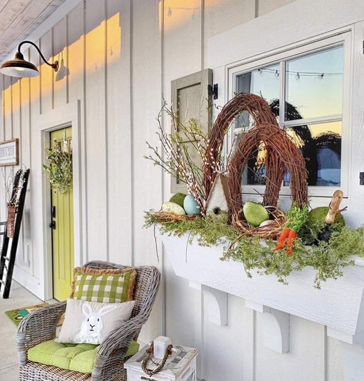 Front Porch Decorating Ideas by Plaids & Poppies with Easter Eggs and bunny pillows