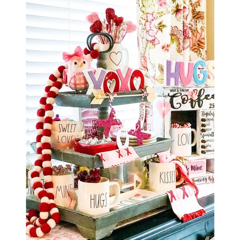 Valentine Tiered Tray Ideas.  Whimsical decorations fill this tray with bright colors of red, pink, purple and more. Little Cajun House