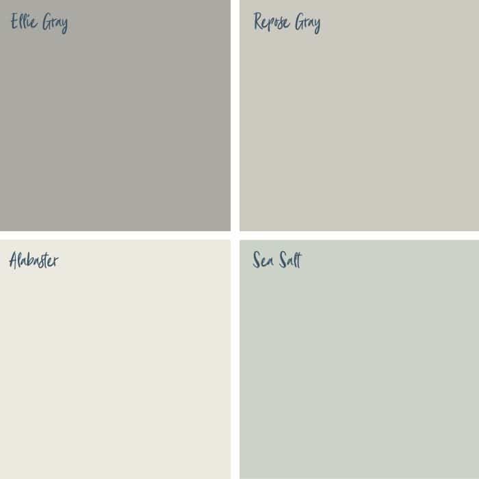 Farmhouse Paint Colors by Sherwin Williams including Ellie Gray, Repose Gray, Alabaster & Sea Salt