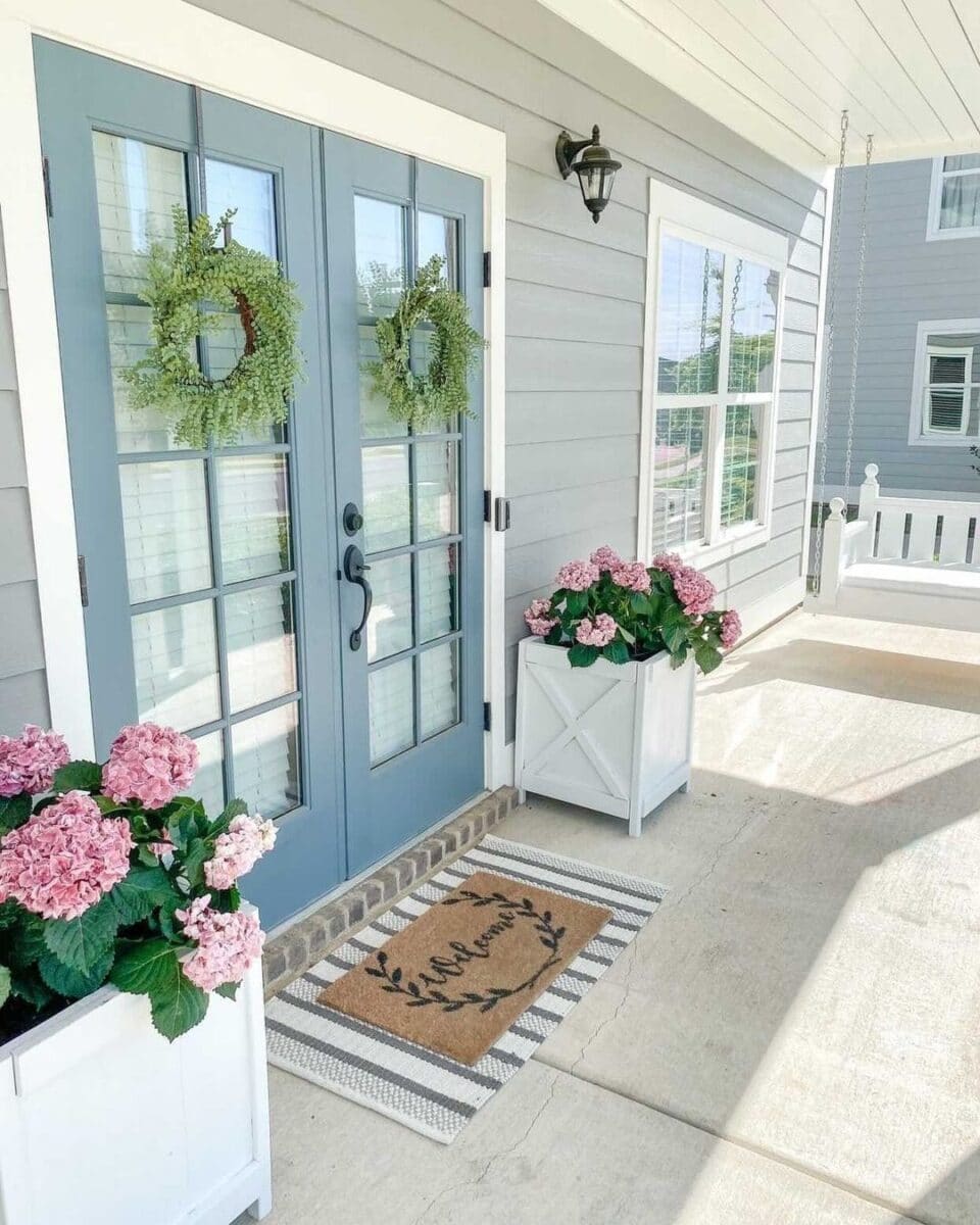 Spring hydrangea flowers decorating a front door