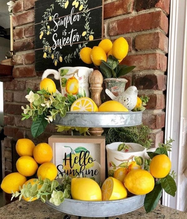 Lemon Décor by French Flair Farmhoouse with faux lemon branches filled tray
