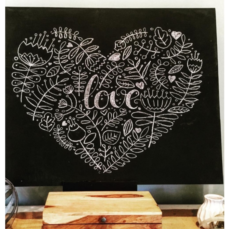 Chalkboard art with tulips, hearts and love message.