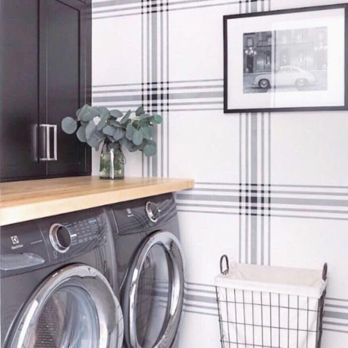 Farmhouse Style Wallpaper by Gordie & Co Designs with a plaid wallpaper in their laundry room
