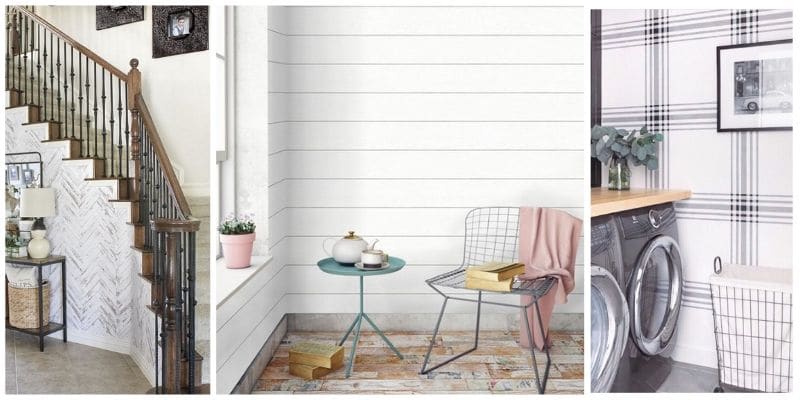Farmhouse style wallpaper featuring three different photos with shiplap wallpaper, herringbone wallpaper and a delicate plaid wallpaper