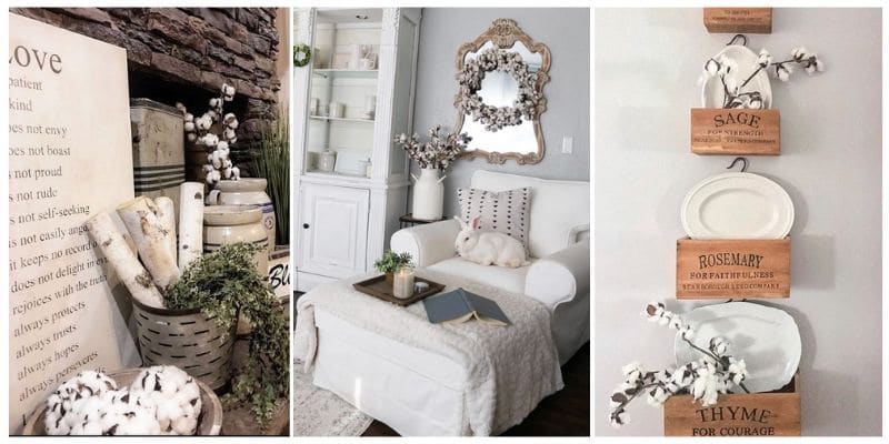 Decorating With Cotton with a triple picture of a decorated fireplace mantle, a living room and hanging herb wooden boxes