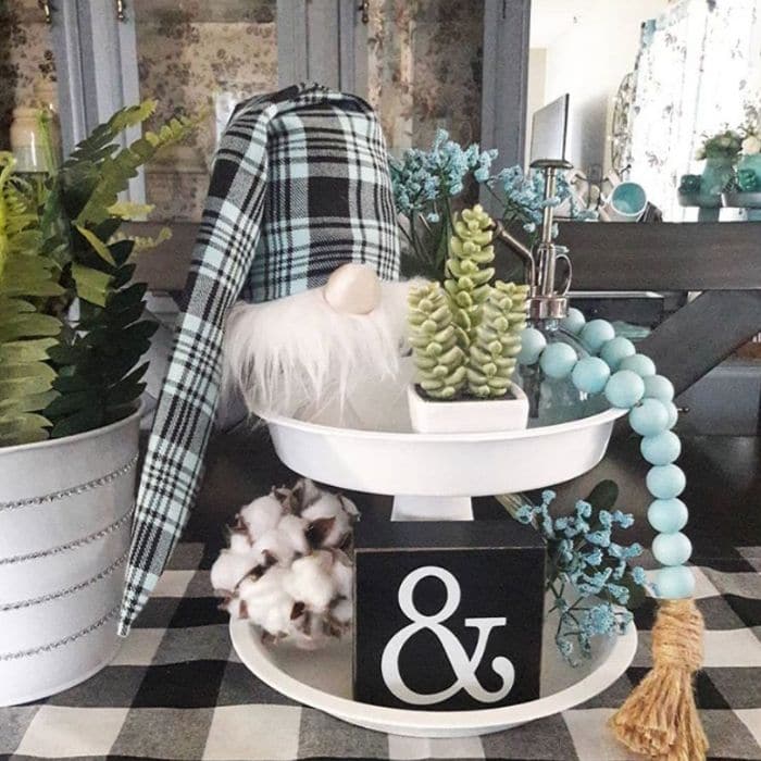 Decorating with Cotton by Luv Shades of Blue with a tiered tray with a cotton ball and gnome