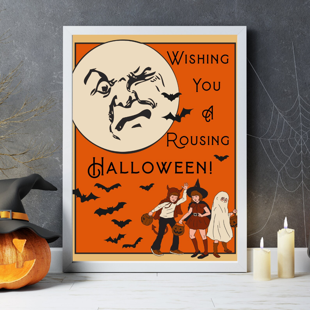 Retro Halloween printable sign that says "Wishing you a Rousing Halloween."
