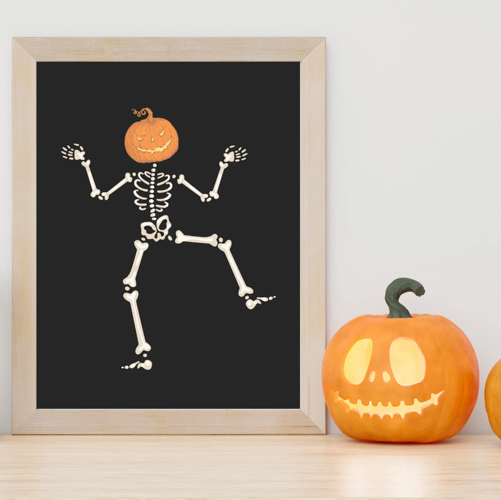 Dancing skeleton with Jack o lantern head Halloween printable